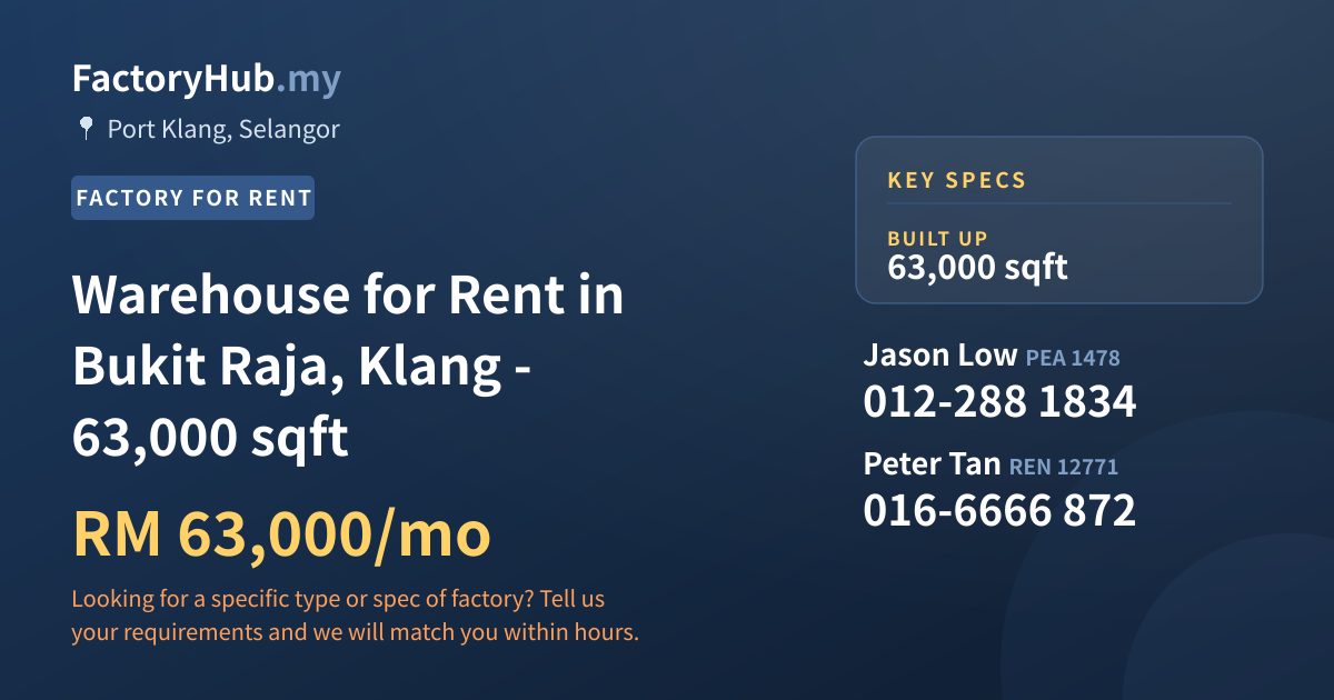 Factory For Rent - Warehouse for Rent in Bukit Raja, Klang - 63,000 sqft - Port Klang, Selangor