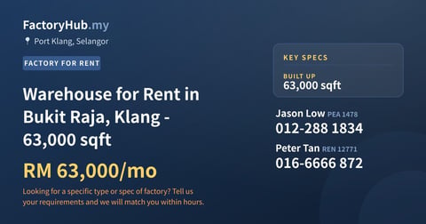 Factory For Rent - Warehouse for Rent in Bukit Raja, Klang - 63,000 sqft - Port Klang, Selangor
