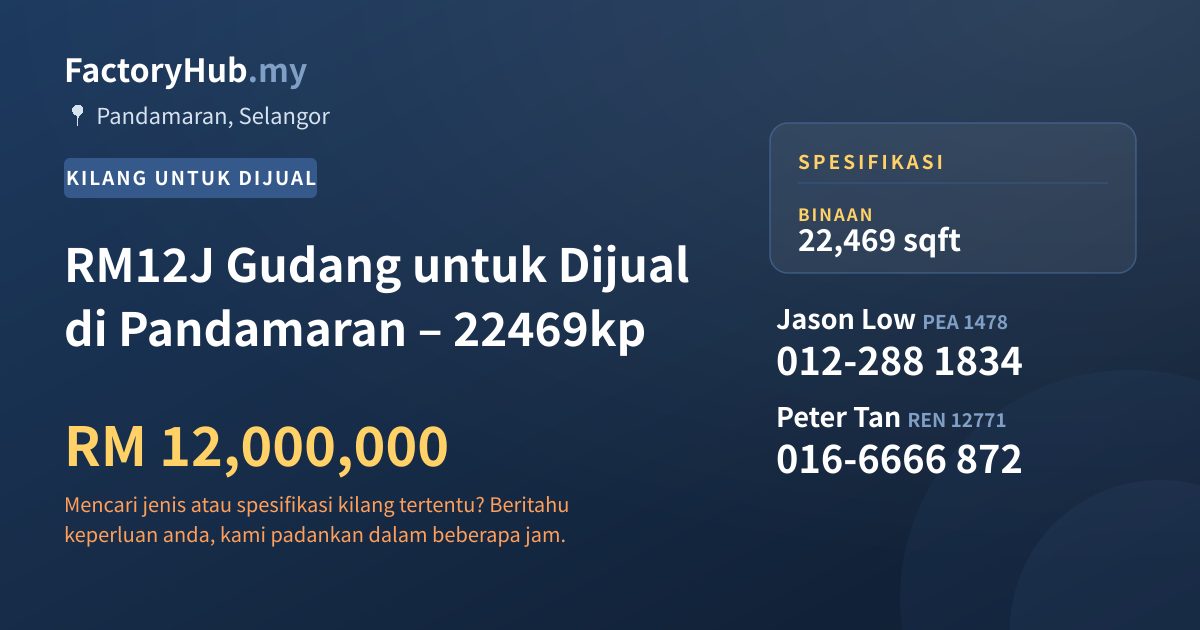 Kilang Untuk Dijual - RM12J Gudang untuk Dijual di Pandamaran – 22469kp - Pandamaran, Selangor