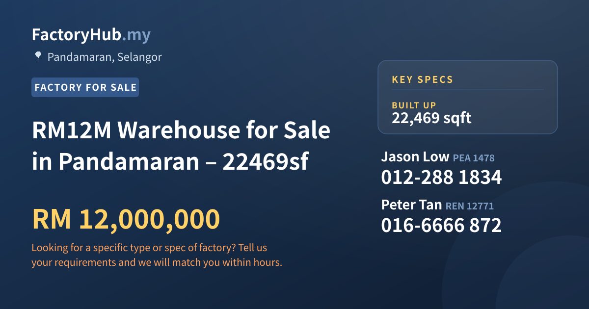 Factory For Sale - RM12M Warehouse for Sale in Pandamaran – 22469sf - Pandamaran, Selangor
