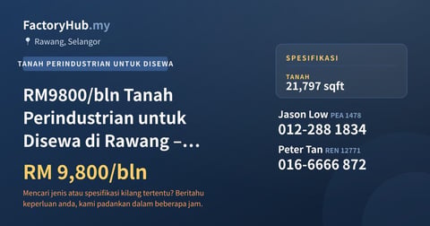 Tanah Untuk Disewa - RM9800/bln Tanah Perindustrian untuk Disewa di Rawang – 21797kp - Rawang, Selangor