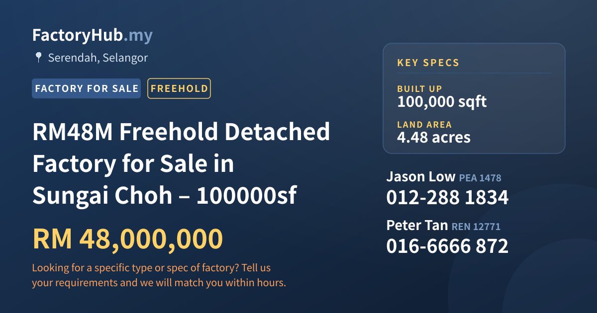 Factory For Sale - RM48M Freehold Detached Factory for Sale in Sungai Choh – 100000sf - Serendah, Selangor