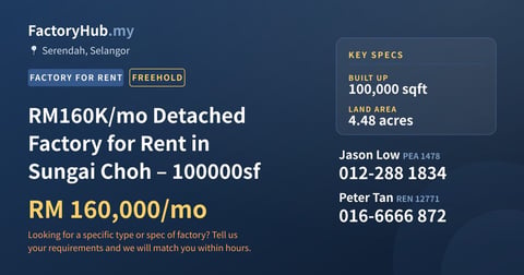 Factory For Rent - RM160K/mo Detached Factory for Rent in Sungai Choh – 100000sf - Serendah, Selangor
