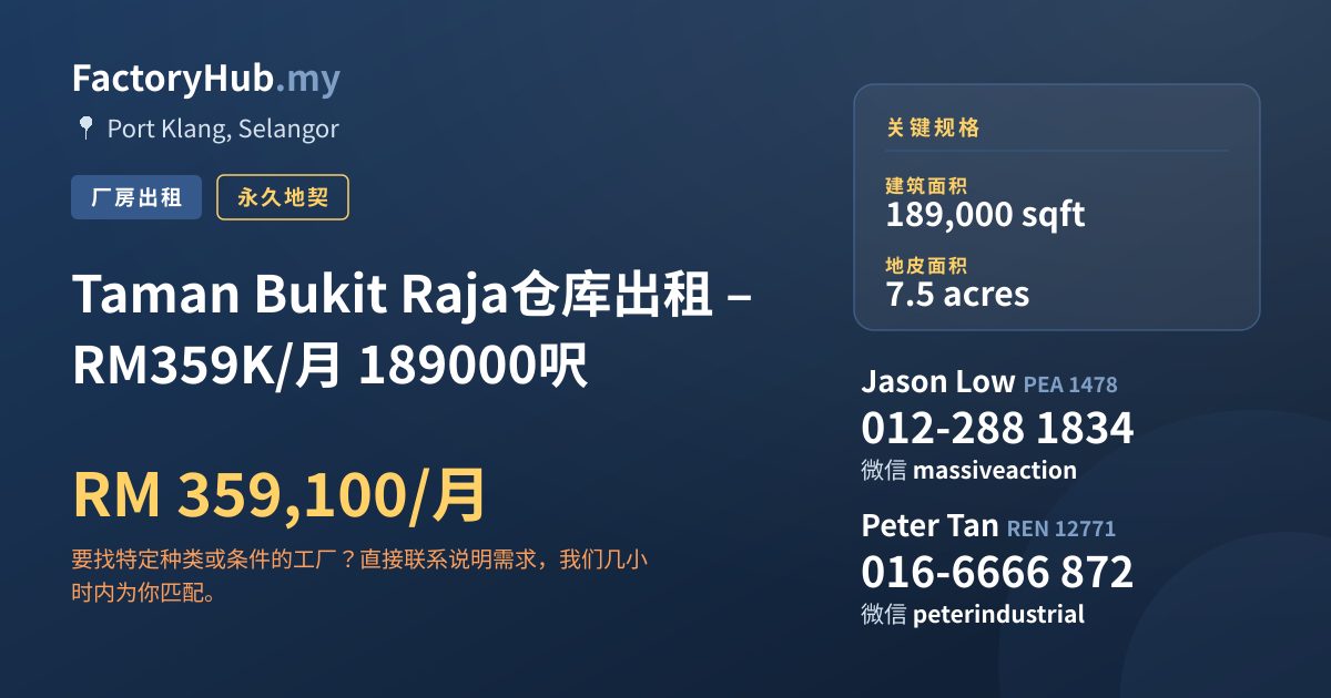 工厂 出租 - Taman Bukit Raja仓库出租 – RM359K/月 189000呎 - Port Klang, Selangor