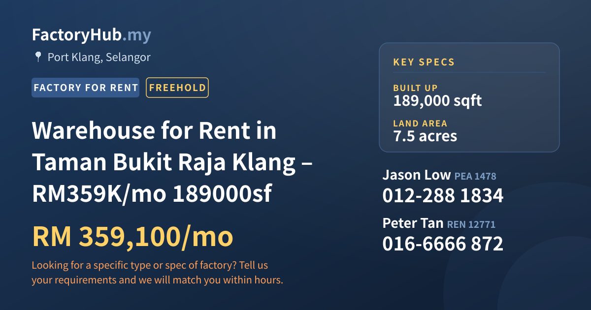 Factory For Rent - Warehouse for Rent in Taman Bukit Raja Klang – RM359K/mo 189000sf - Port Klang, Selangor