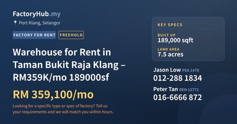 Factory For Rent - Warehouse for Rent in Taman Bukit Raja Klang – RM359K/mo 189000sf - Port Klang, Selangor