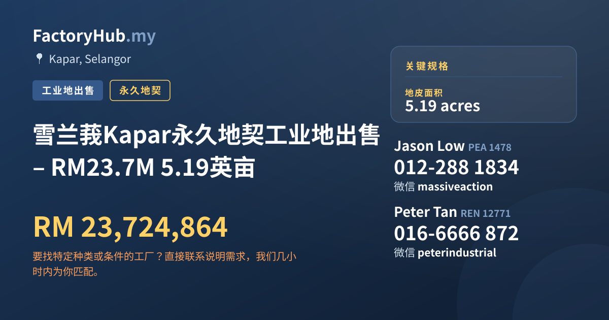 土地 出售 - 雪兰莪Kapar永久地契工业地出售 – RM23.7M 5.19英亩 - Kapar, Selangor