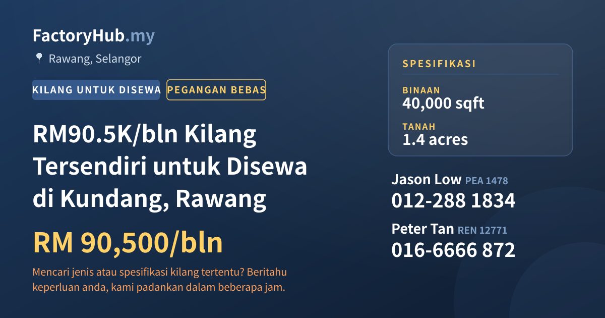 Kilang Untuk Disewa - RM90.5K/bln Kilang Tersendiri untuk Disewa di Kundang, Rawang - Rawang, Selangor