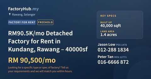 Factory For Rent - RM90.5K/mo Detached Factory for Rent in Kundang, Rawang – 40000sf - Rawang, Selangor
