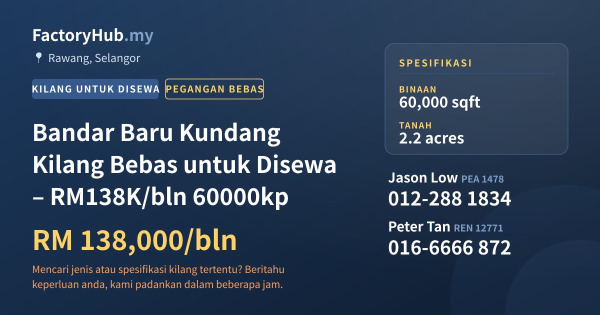 Kilang Untuk Disewa - Bandar Baru Kundang Kilang Bebas untuk Disewa – RM138K/bln 60000kp - Rawang, Selangor