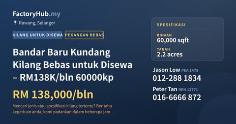 Kilang Untuk Disewa - Bandar Baru Kundang Kilang Bebas untuk Disewa – RM138K/bln 60000kp - Rawang, Selangor