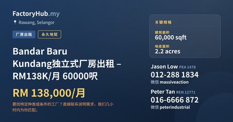 工厂 出租 - Bandar Baru Kundang独立式厂房出租 – RM138K/月 60000呎 - Rawang, Selangor