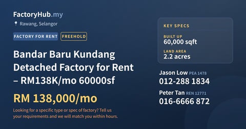 Factory For Rent - Bandar Baru Kundang Detached Factory for Rent – RM138K/mo 60000sf - Rawang, Selangor
