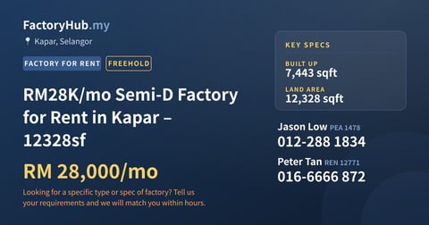 Factory For Rent - RM28K/mo Semi-D Factory for Rent in Kapar – 12328sf - Kapar, Selangor