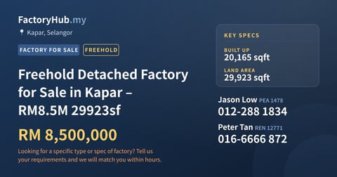 Factory For Sale - Freehold Detached Factory for Sale in Kapar – RM8.5M 29923sf - Kapar, Selangor