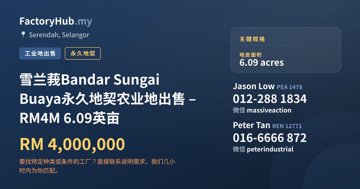 土地 出售 - 雪兰莪Bandar Sungai Buaya永久地契农业地出售 – RM4M 6.09英亩 - Serendah, Selangor