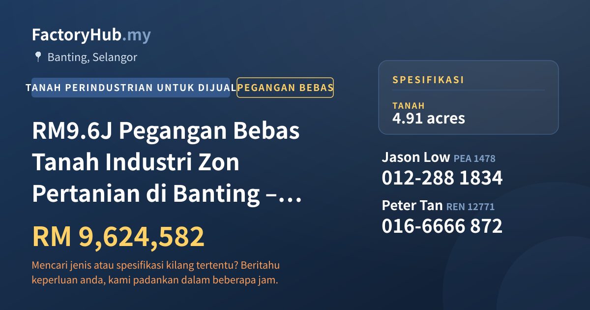 Tanah Untuk Dijual - RM9.6J Pegangan Bebas Tanah Industri Zon Pertanian di Banting – 4.9ac - Banting, Selangor
