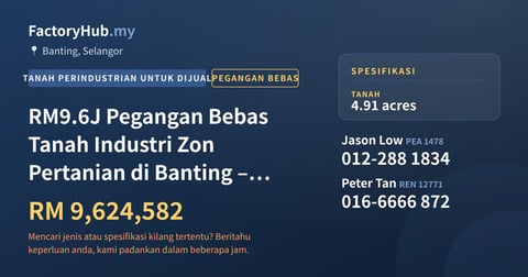 Tanah Untuk Dijual - RM9.6J Pegangan Bebas Tanah Industri Zon Pertanian di Banting – 4.9ac - Banting, Selangor