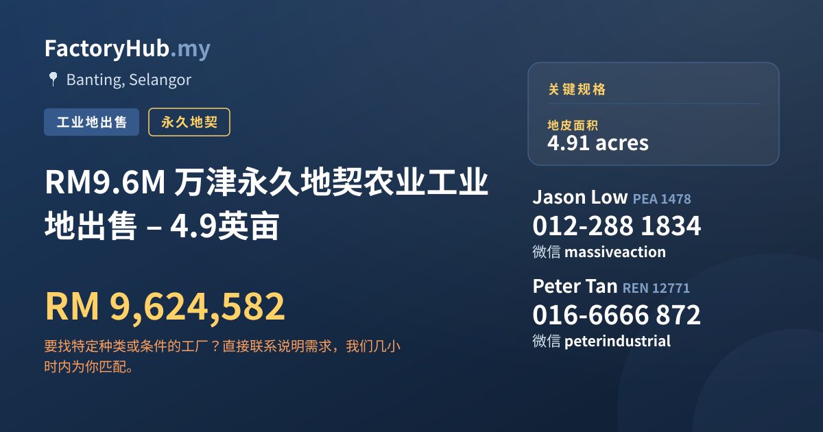 土地 出售 - RM9.6M 万津永久地契农业工业地出售 – 4.9英亩 - Banting, Selangor