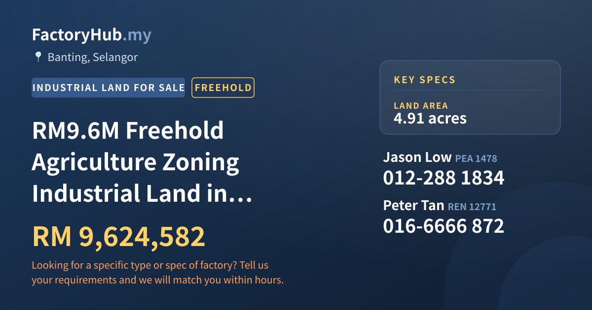 Land For Sale - RM9.6M Freehold Agriculture Zoning Industrial Land in Banting – 4.9ac - Banting, Selangor