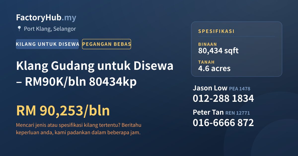 Kilang Untuk Disewa - Klang Gudang untuk Disewa – RM90K/bln 80434kp - Port Klang, Selangor