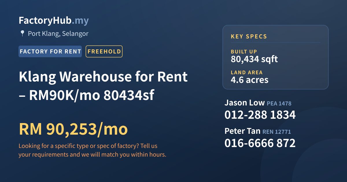 Factory For Rent - Klang Warehouse for Rent – RM90K/mo 80434sf - Port Klang, Selangor