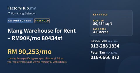 Factory For Rent - Klang Warehouse for Rent – RM90K/mo 80434sf - Port Klang, Selangor