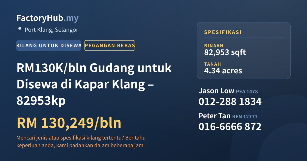 Kilang Untuk Disewa - RM130K/bln Gudang untuk Disewa di Kapar Klang – 82953kp - Port Klang, Selangor