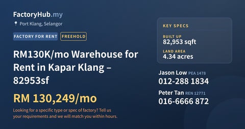 Factory For Rent - RM130K/mo Warehouse for Rent in Kapar Klang – 82953sf - Port Klang, Selangor