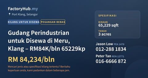 Kilang Untuk Disewa - Gudang Perindustrian untuk Disewa di Meru, Klang – RM84K/bln 65229kp - Port Klang, Selangor