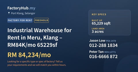 Factory For Rent - Industrial Warehouse for Rent in Meru, Klang – RM84K/mo 65229sf - Port Klang, Selangor