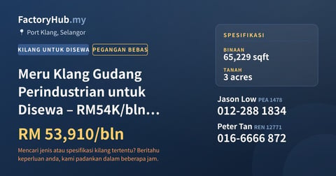 Kilang Untuk Disewa - Meru Klang Gudang Perindustrian untuk Disewa – RM54K/bln 65229kp - Port Klang, Selangor