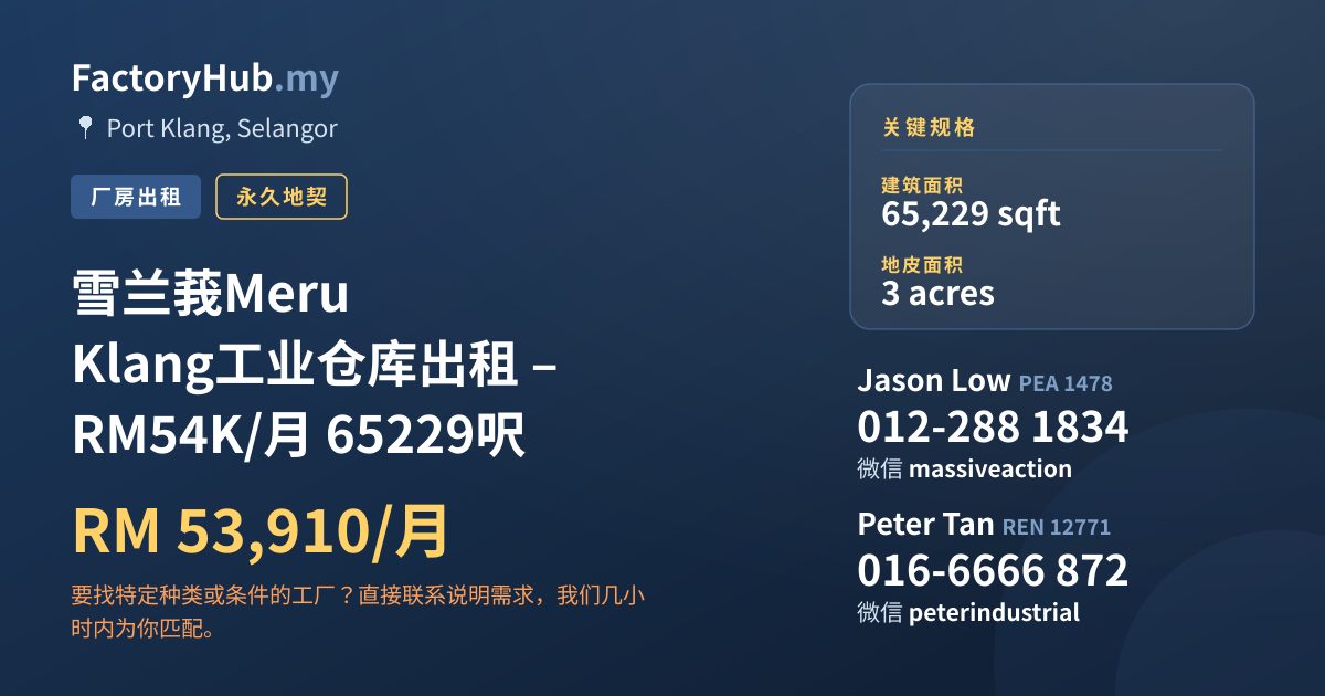 工厂 出租 - 雪兰莪Meru Klang工业仓库出租 – RM54K/月 65229呎 - Port Klang, Selangor