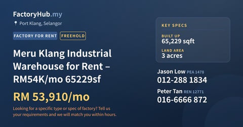 Factory For Rent - Meru Klang Industrial Warehouse for Rent – RM54K/mo 65229sf - Port Klang, Selangor