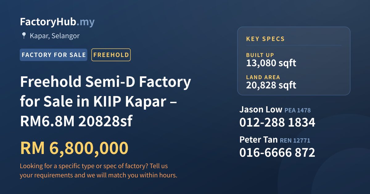 Factory For Sale - Freehold Semi-D Factory for Sale in KIIP Kapar – RM6.8M 20828sf - Kapar, Selangor