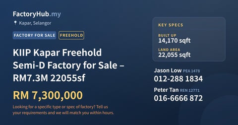 Factory For Sale - KIIP Kapar Freehold Semi-D Factory for Sale – RM7.3M 22055sf - Kapar, Selangor