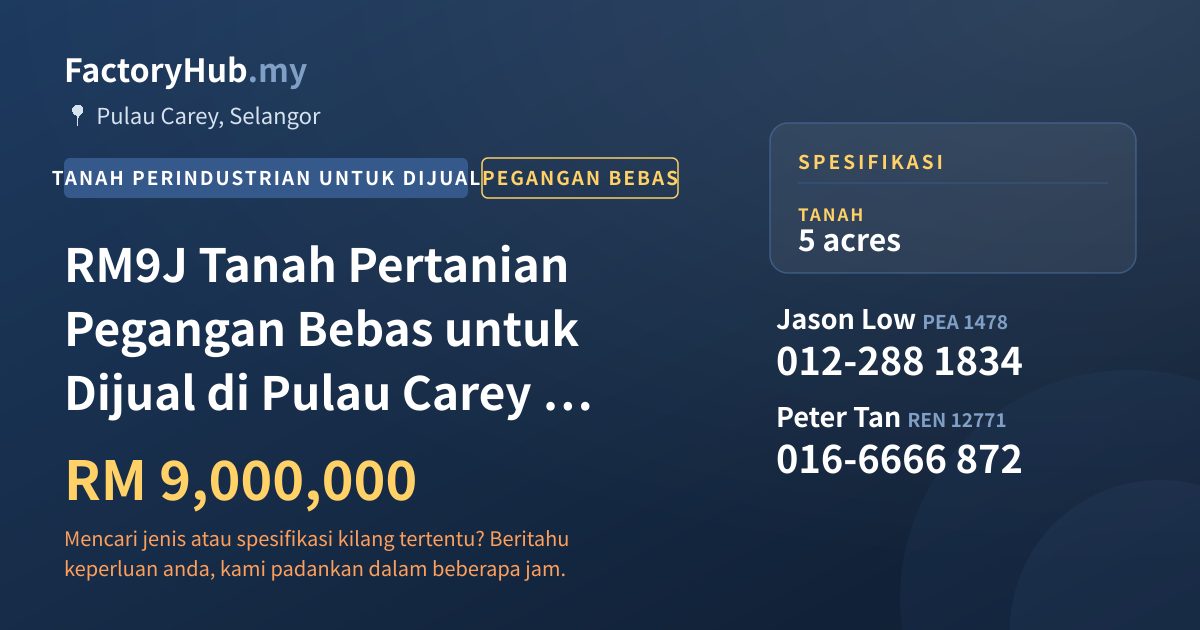 Tanah Untuk Dijual - RM9J Tanah Pertanian Pegangan Bebas untuk Dijual di Pulau Carey – 5 ekar - Pulau Carey, Selangor