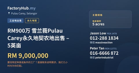 土地 出售 - RM900万 雪兰莪Pulau Carey永久地契农地出售 – 5英亩 - Pulau Carey, Selangor