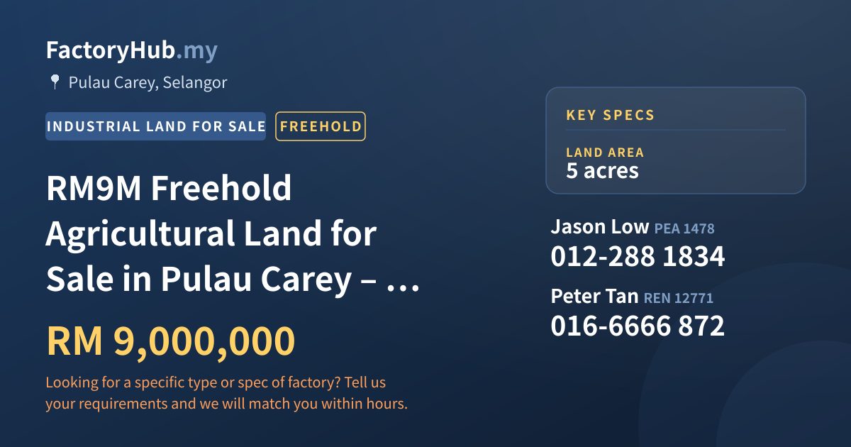Land For Sale - RM9M Freehold Agricultural Land for Sale in Pulau Carey – 5 acres - Pulau Carey, Selangor