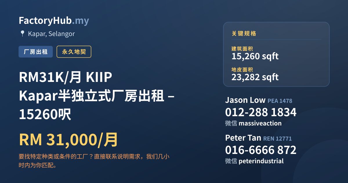 工厂 出租 - RM31K/月 KIIP Kapar半独立式厂房出租 – 15260呎 - Kapar, Selangor