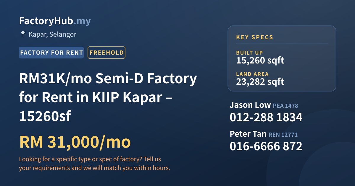 Factory For Rent - RM31K/mo Semi-D Factory for Rent in KIIP Kapar – 15260sf - Kapar, Selangor
