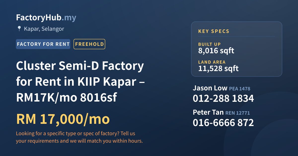 Factory For Rent - Cluster Semi-D Factory for Rent in KIIP Kapar – RM17K/mo 8016sf - Kapar, Selangor