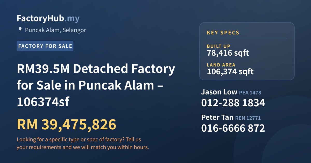 Factory For Sale - RM39.5M Detached Factory for Sale in Puncak Alam – 106374sf - Puncak Alam, Selangor