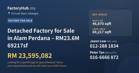 Factory For Sale - Detached Factory for Sale in Alam Perdana – RM23.6M 69217sf - Puncak Alam, Selangor