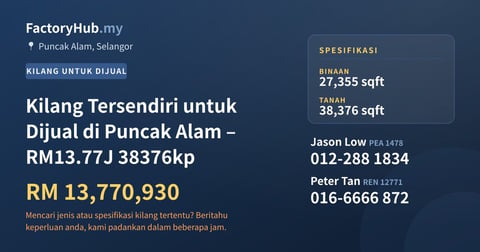Kilang Untuk Dijual - Kilang Tersendiri untuk Dijual di Puncak Alam – RM13.77J 38376kp - Puncak Alam, Selangor