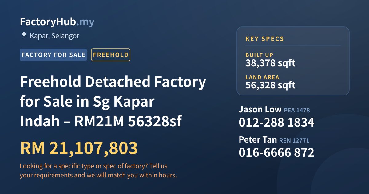 Factory For Sale - Freehold Detached Factory for Sale in Sg Kapar Indah – RM21M 56328sf - Kapar, Selangor