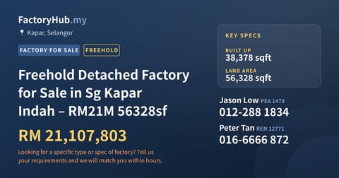 Factory For Sale - Freehold Detached Factory for Sale in Sg Kapar Indah – RM21M 56328sf - Kapar, Selangor