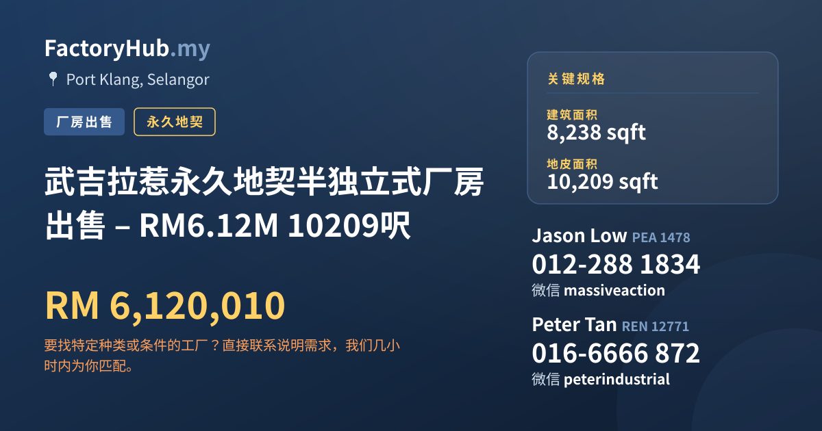 工厂 出售 - 武吉拉惹永久地契半独立式厂房出售 – RM6.12M 10209呎 - Port Klang, Selangor