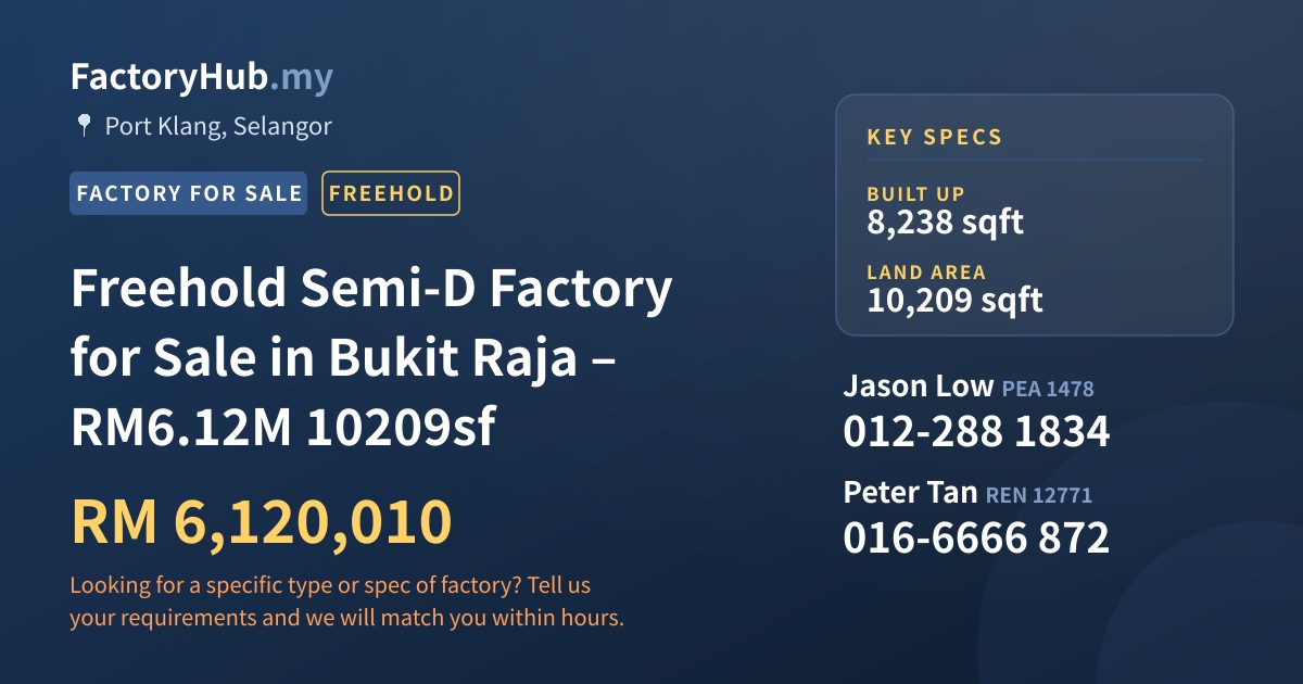 Factory For Sale - Freehold Semi-D Factory for Sale in Bukit Raja – RM6.12M 10209sf - Port Klang, Selangor