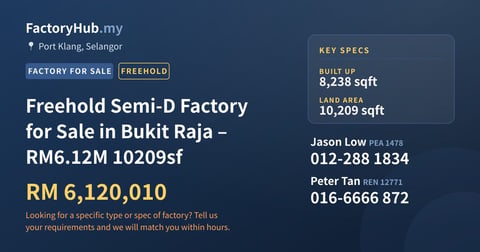 Factory For Sale - Freehold Semi-D Factory for Sale in Bukit Raja – RM6.12M 10209sf - Port Klang, Selangor